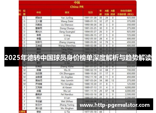 2025年德转中国球员身价榜单深度解析与趋势解读