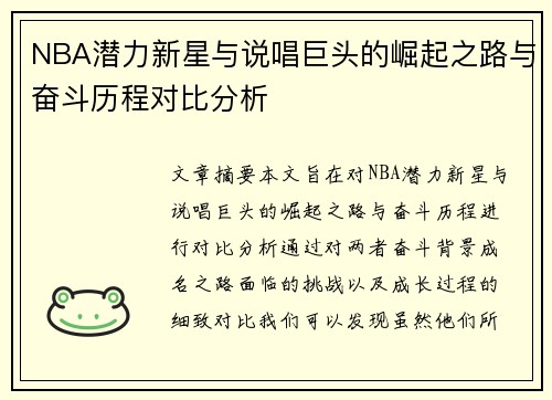 NBA潜力新星与说唱巨头的崛起之路与奋斗历程对比分析